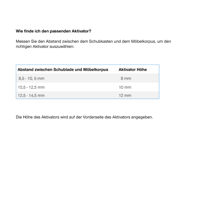 Montagetabelle für eaZIsilent STRETTO